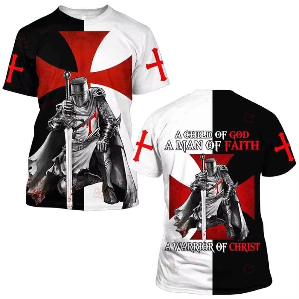 Camiseta transpirable de hombre transpirable de hombro de manga corta de cuello redondo casual con estampado 3D de guerrero de la Cruz Roja transfronteriza europea y americana