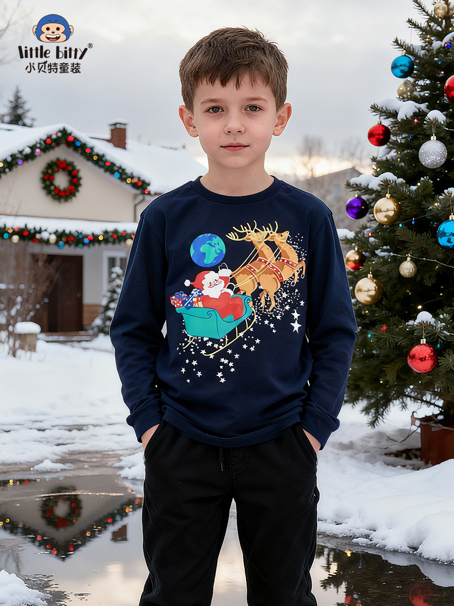 Cross-Border Children's Clothing Autumn and Winter Christmas Long-Sleeved T-Shirt Cartoon Elk Print Kidsren's European and American Pullover Spot Wholesale