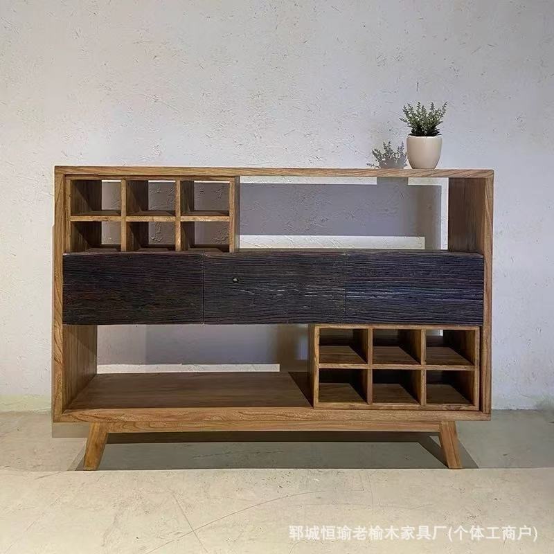 Wabi-Sabi Style Solid Wood Sideboard Old Elm Weathered Door Panel Retro Storage Cabinet Floor-Standing Storage Cabinet Entrance Shoe Cabinet