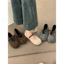 法式平底仙女风圆头珍珠一字带毛毛鞋女外穿秋冬新款棉瓢鞋