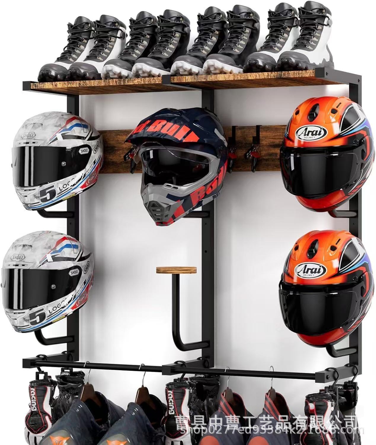 Motorcycle Helmet Rack with Multiple J-Shaped Hooks and Clip Hooks, Wall-Mounted Helmet Holder, Small Off-Road Helmet Stand
