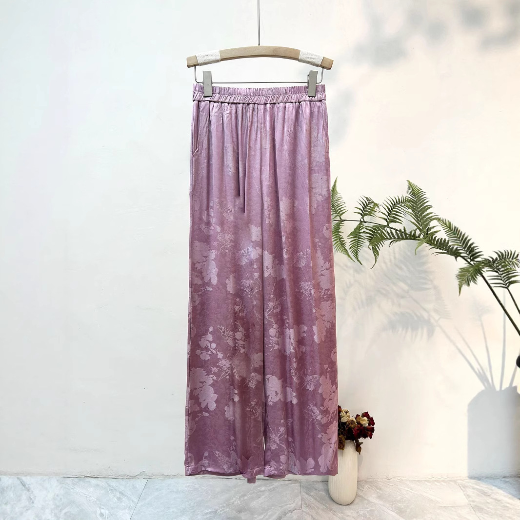 New Chinese Style Retro Satin Jacquard Straight Pants 2025 Summer New Rayon Breathable Pants Chinese Style Wide Leg Pants for Women