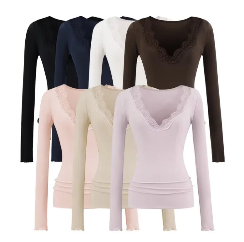 25590-V-Neck Lace Splicing Long-Sleeved T-Shirt for Women New American Sexy Style Pure Color Slimming Look Bottoming Shirt 25590-V-Neck Lace Splicing Long-Sleeved T-Shirt for Women New American Sexy Style Pure Color Slimming Look Bottoming Shirt