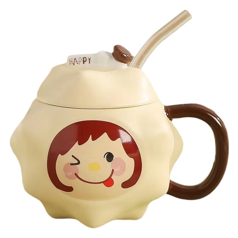 Creativo lindo Durian taza chica paja taza de agua personalidad de alto aspecto taza de desayuno de cerámica taza de oficina