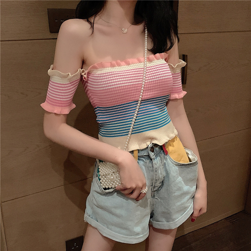 かわいいストライプのオフショルダーニットシャツトップアウターショートへそ出しベスト女性用ワンラインカラー|undefined