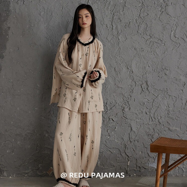 French-Style Retro Floral Ruffle Edge Patchwork Pure Cotton Women's Pajamas, Skin-Friendly and Breathable Homewear Set for Spring and Autumn