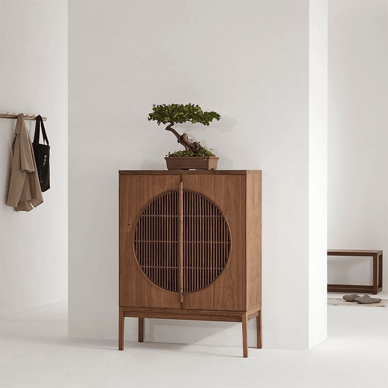 New Chinese Style Old Elm Paint-Free Bright Moon Plum Blossom Cabinet Solid Wood Sideboard Storage Entrance Cabinet Zen Tea Cabinet Shoe Cabinet