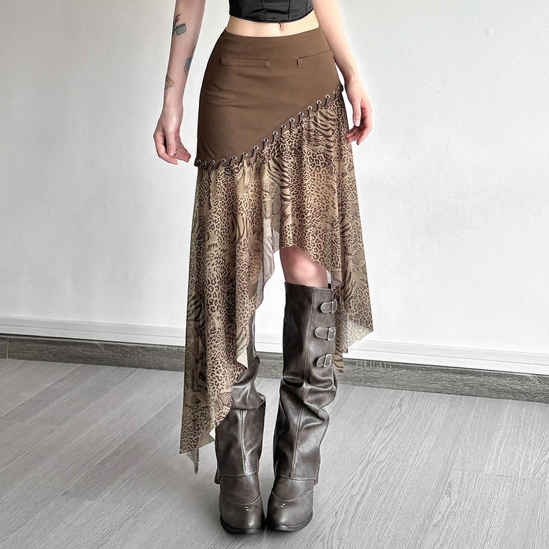 2026 Summer New Vintage Nomadic Style Patchwork Leopard Print Skirt for Women High Waist Slimming Irregular Mid-Length Skirt 2026 Summer New Vintage Nomadic Style Patchwork Leopard Print Skirt for Women High Waist Slimming Irregular Mid-Length Skirt