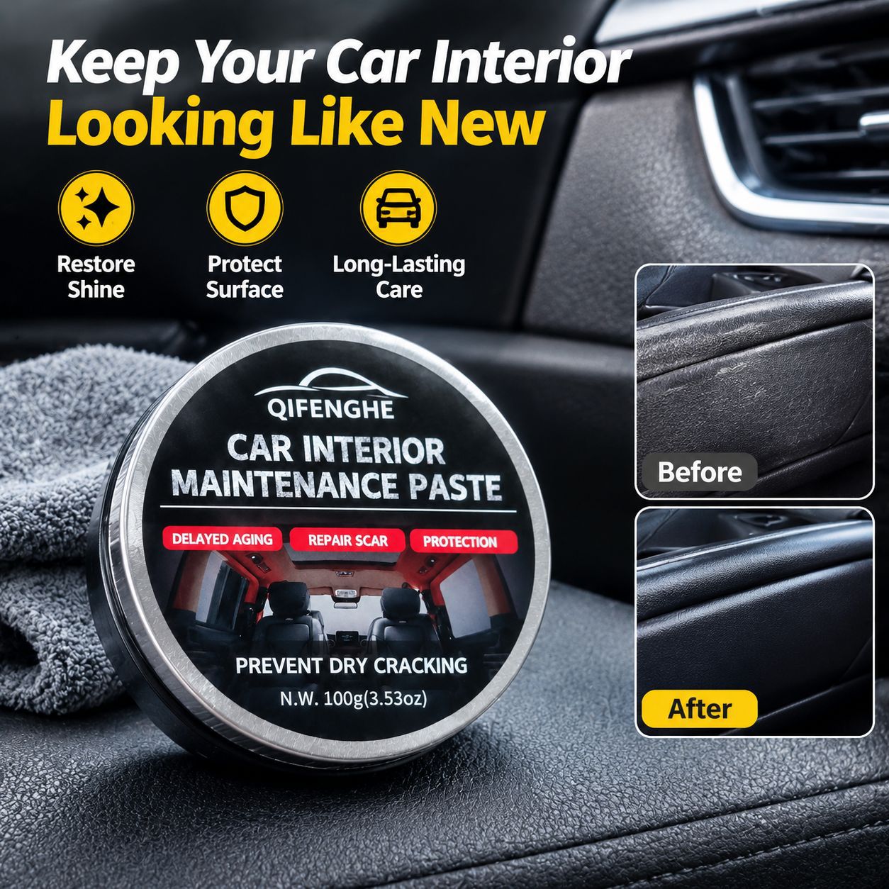 QIFENGHE car interior care cream, leather and plastic dashboard wax, for scratch repair, stain removal, polishing, and refurbishment