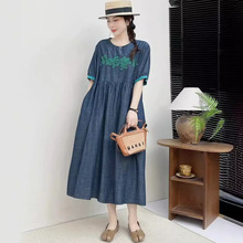 半袖牛仔连衣裙春夏新款刺绣撞色民族风大摆长裙大码裙子宽松袍子