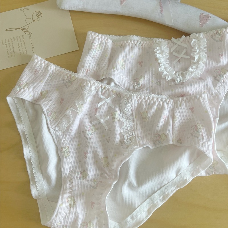 New Cartoon Bear-Themed 3D Embroidered Cute Lace Girl Panties with Cotton Crotch, Mid-Waist, for Students and Ladies