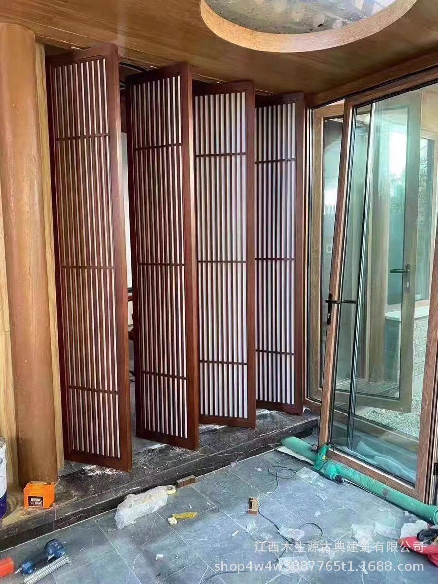 旋转门实木屏风日式复古花格镂空格栅禅意客厅背景墙茶室玄关隔断-阿里巴巴