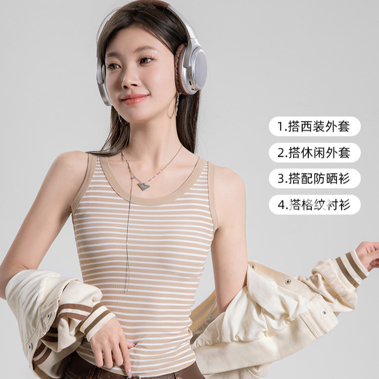 New Striped Color-Block Round-Neck Camisole for Women, Slim Fit Sleeveless Top That Covers Side Breasts, Can Be Worn as Outerwear New Striped Color-Block Round-Neck Camisole for Women, Slim Fit Sleeveless Top That Covers Side Breasts, Can Be Worn as Outerwear