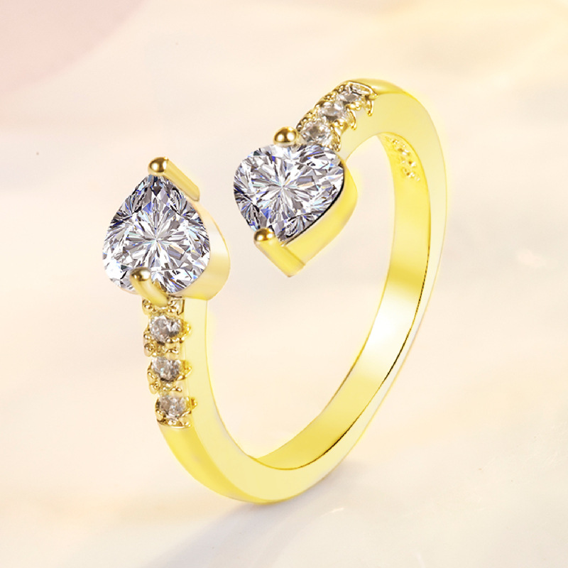 Double Heart Zircon Open Ring For Women Sterling Silver Style_voghion.com