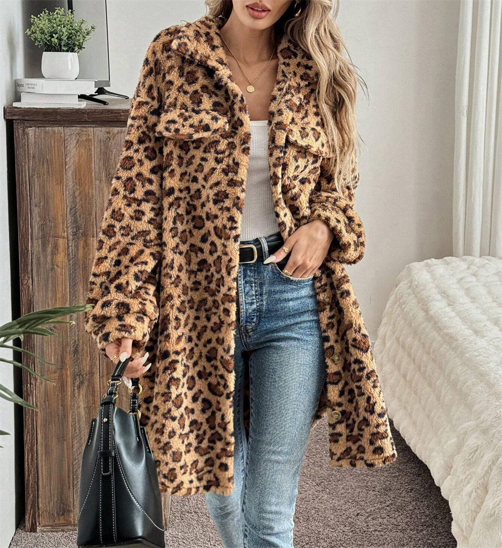​​Women’s Oversized Leopard Print Trench Coat – Long Sleeve Button-Up Polyester Windbreaker, Streetwear Fashion For Fall & Winter​​_voghion.com