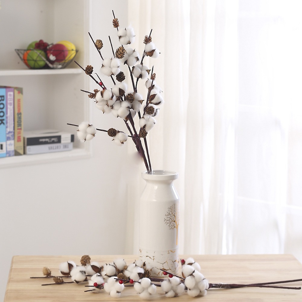 Envío Gratis, Flores Secas, Ramas Decorativas de Algodón, Adornos para Mesa de Navidad y Año Nuevo, Frutos Rojos Artificiales, Flores Falsas, Plantas Verdes