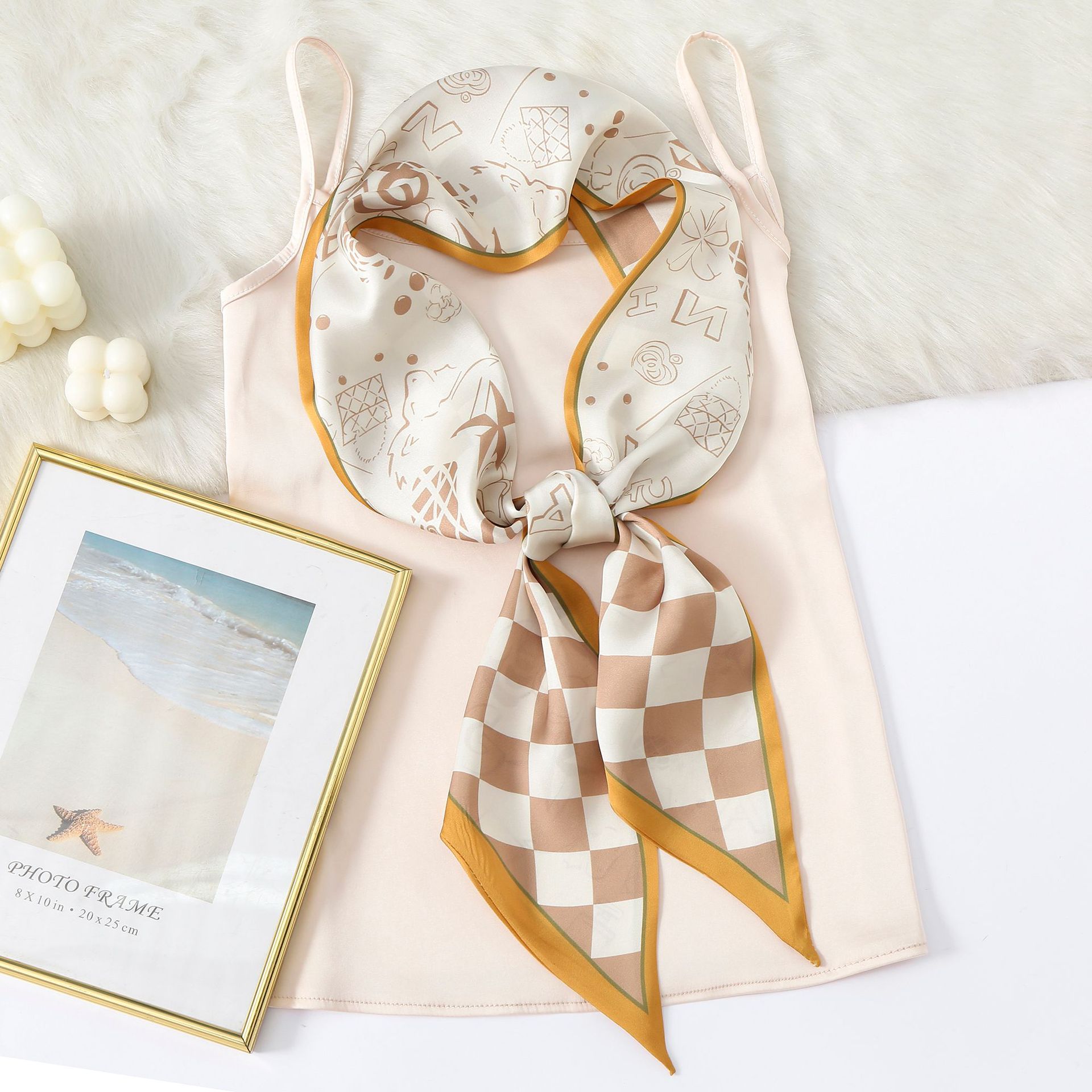 Pañuelo de seda cinta de las Mujeres Nuevo estilo coreano artístico de doble cara impresa larga pequeña bufanda de seda tablero de moda Pañuelo de corbata de pelo a cuadros