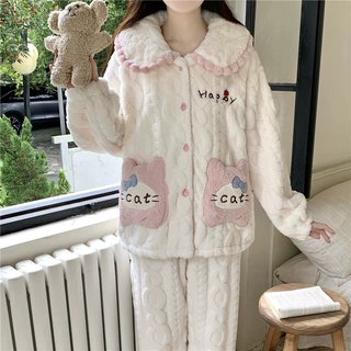 珊瑚绒睡衣女秋季加厚两件套新款可爱卡通提花绒家居服可外穿跨境