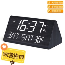 LED万年历闹钟 木质温度计日历星期数字电子时钟智能广告礼品Logo