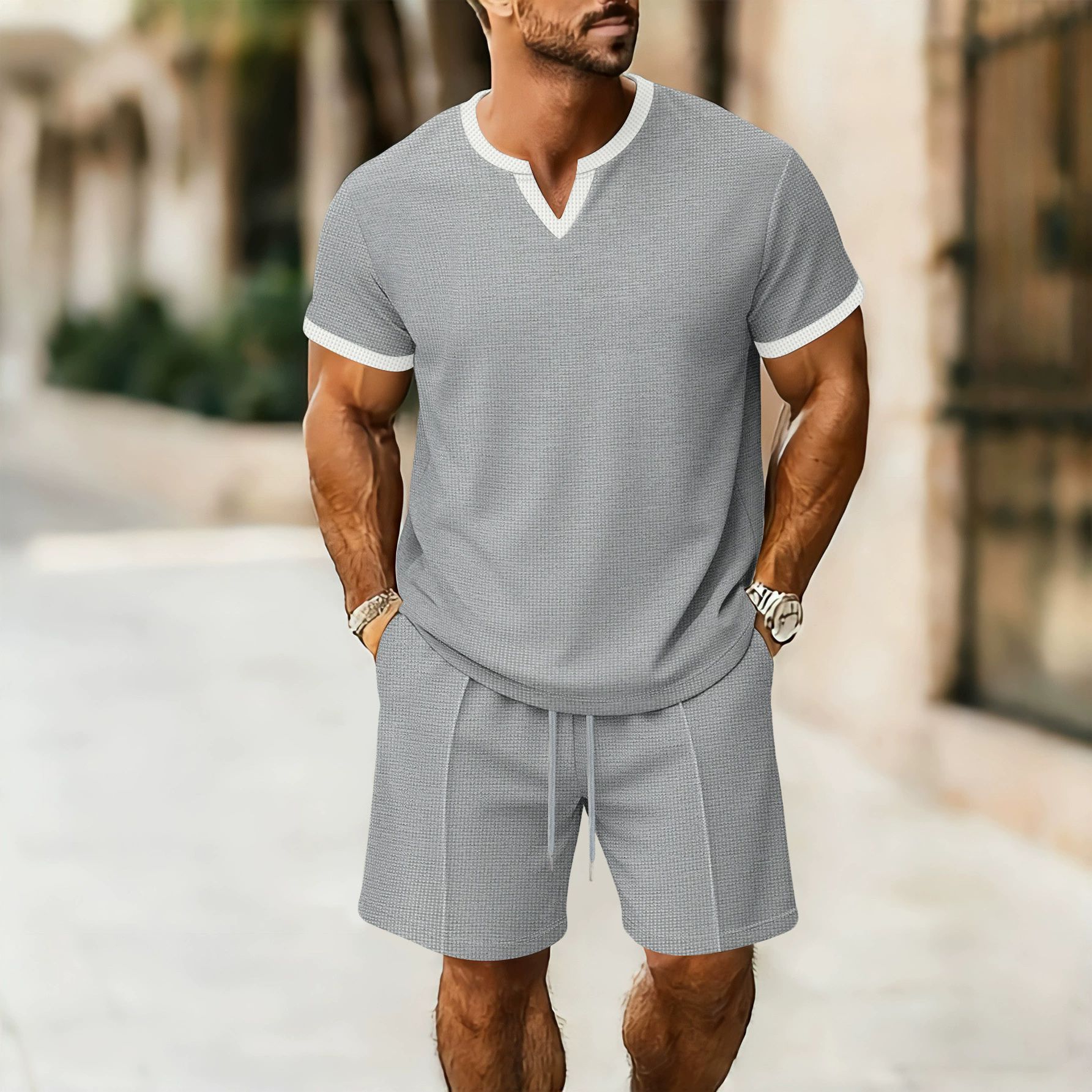 Herren-Set aus Waffelstrick mit V-Ausschnitt, kurzen Ärmeln und Shorts – Atmungsaktives Polyester-Loungewear- und Outdoor-Outfit für Frühling/Sommer_voghion.com