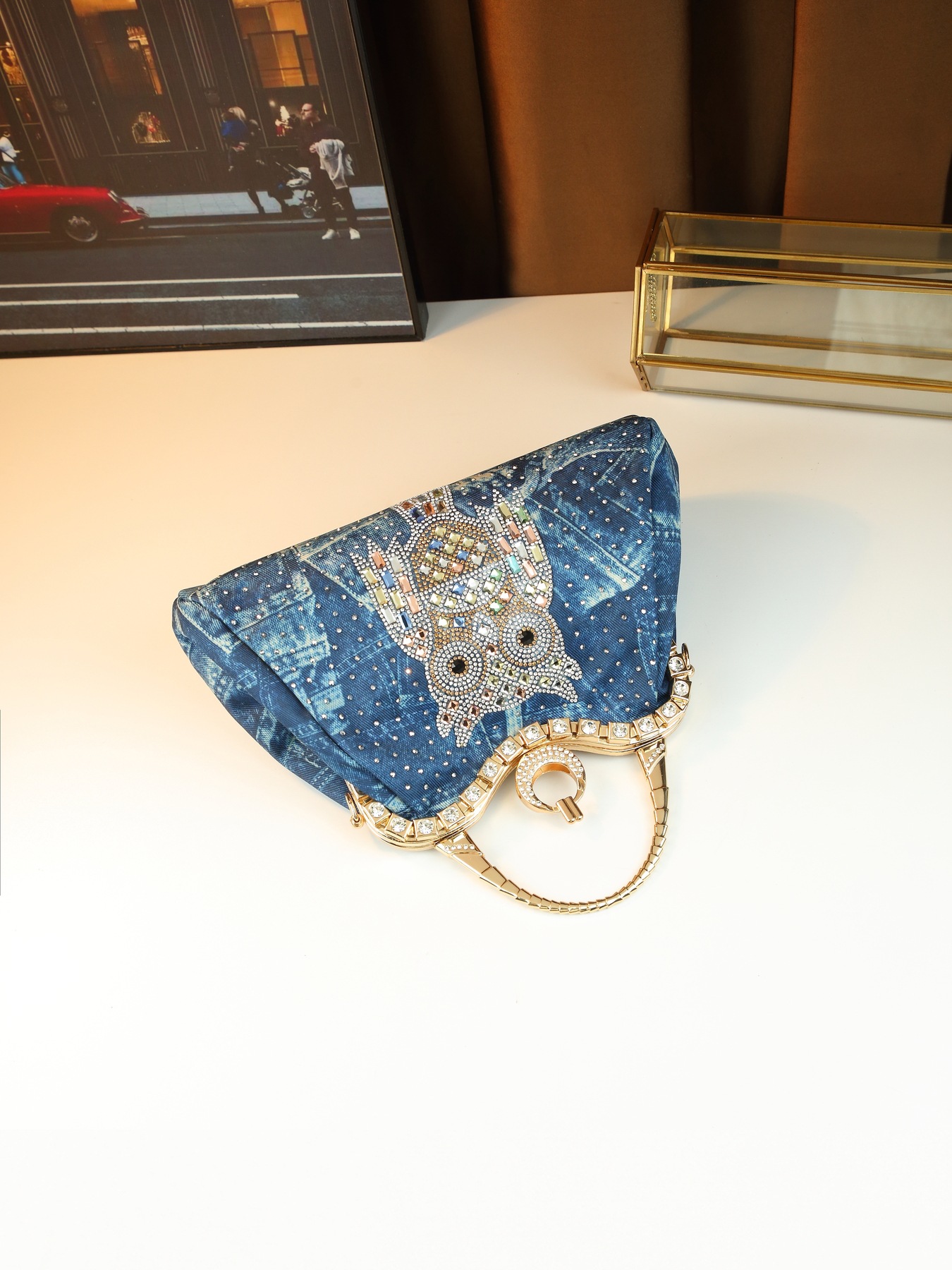 Borsa a tracolla elegante da donna in jeans con strass gufo_voghion.com