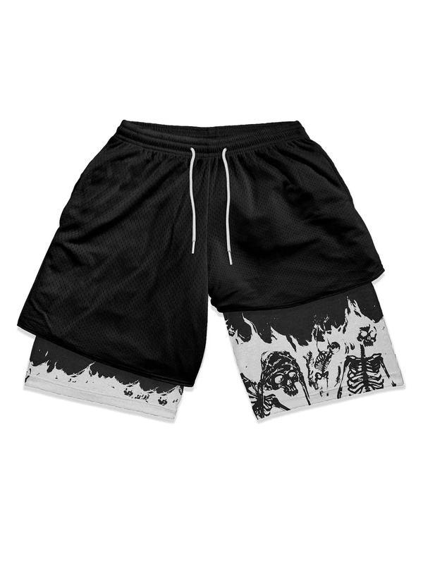 Men's Punk Skeleton Print 2 in 1 Drawstring Waist Track|ms