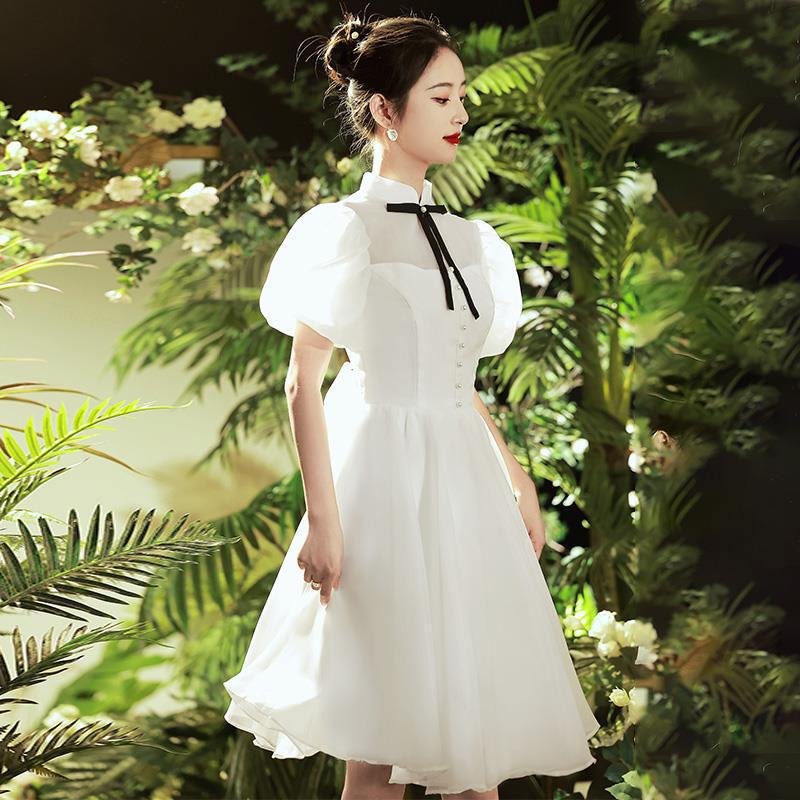 White Short-sleeved Dress Simple Fairy Elegant Birthday Student Graduation Party Usually Wear Licensed Dress for Women