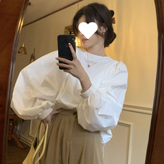 法式灯笼袖新款衬衫女春设计感宽松减龄百搭圆领衬衣泡泡长袖上衣