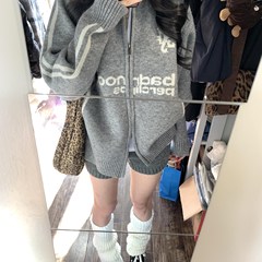甜甜赵oversize棒球风翻领拉链毛衣开衫女外套秋装新韩宽松针织衫