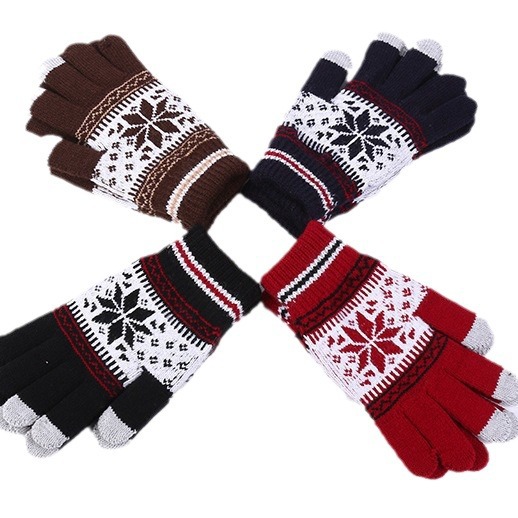 Estilo coreano jacquard copo de nieve Guantes Térmicos de los hombres guantes de punto guantes de la pantalla táctil al aire libre guantes de cuero
