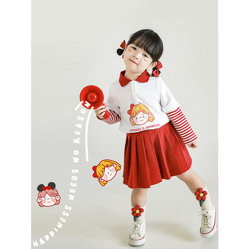 Wuli Buyi Girls' fake two-piece autumn casual T-shirt Korean style striped small lapel cartoon printed T-shirt top