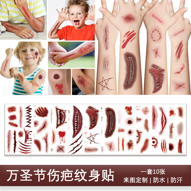 10 Halloween Scar Tattoo Stickers New Party Arm Face Waterproof Wholesale Temporary Tattoo Stickers Set 10 Halloween Scar Tattoo Stickers New Party Arm Face Waterproof Wholesale Temporary Tattoo Stickers Set