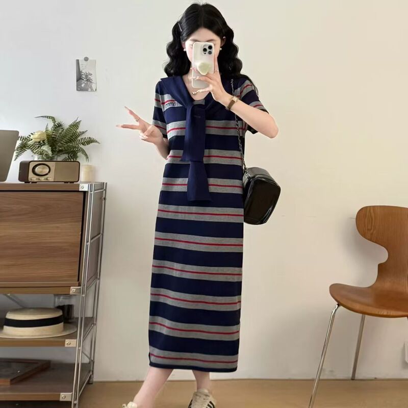 Cross-border Korean-style navy blue striped sailor-collar dress for women, summer loose straight cut, slimming, versatile casual mid-length dress Cross-border Korean-style navy blue striped sailor-collar dress for women, summer loose straight cut, slimming, versatile casual mid-length dress