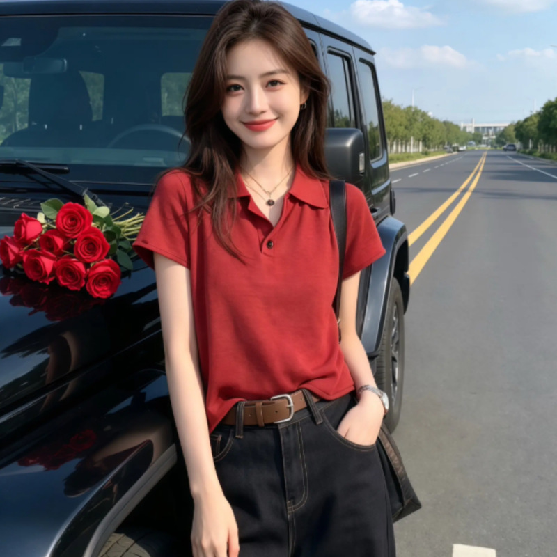 Polo Collar Red Rolled-Edge Short-Sleeve Knit Shirt for Women, 2026 New Summer Thin Style T-Shirt, Simple Slim-Fit Top Polo Collar Red Rolled-Edge Short-Sleeve Knit Shirt for Women, 2026 New Summer Thin Style T-Shirt, Simple Slim-Fit Top
