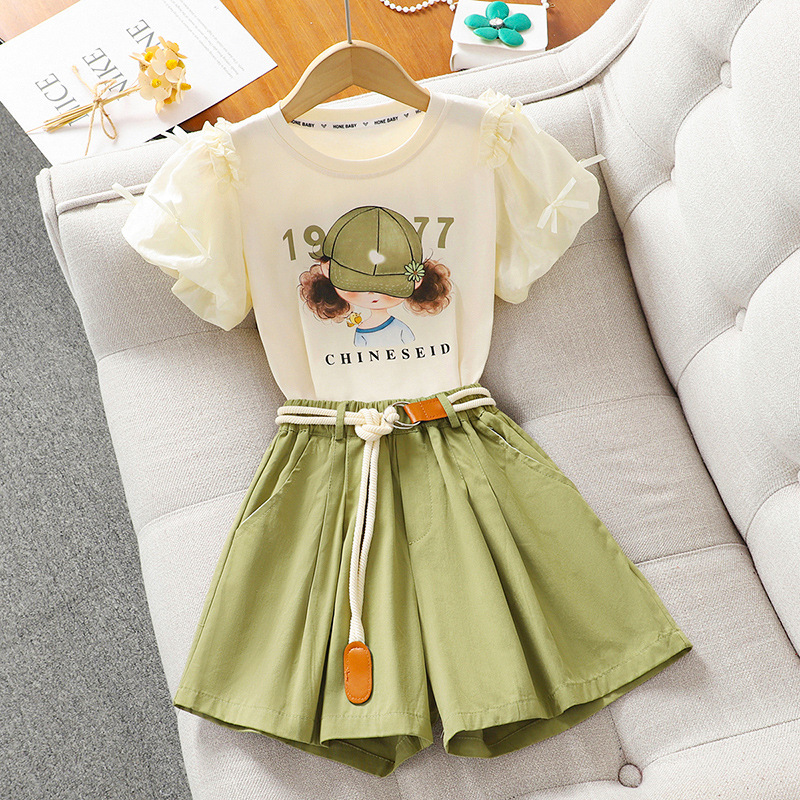 Kinderkleidung Mädchen Sommermode Set, Große Kinder Kurzarm Oberteil, Weite Hosen Shorts, Sportbekleidung_voghion.com