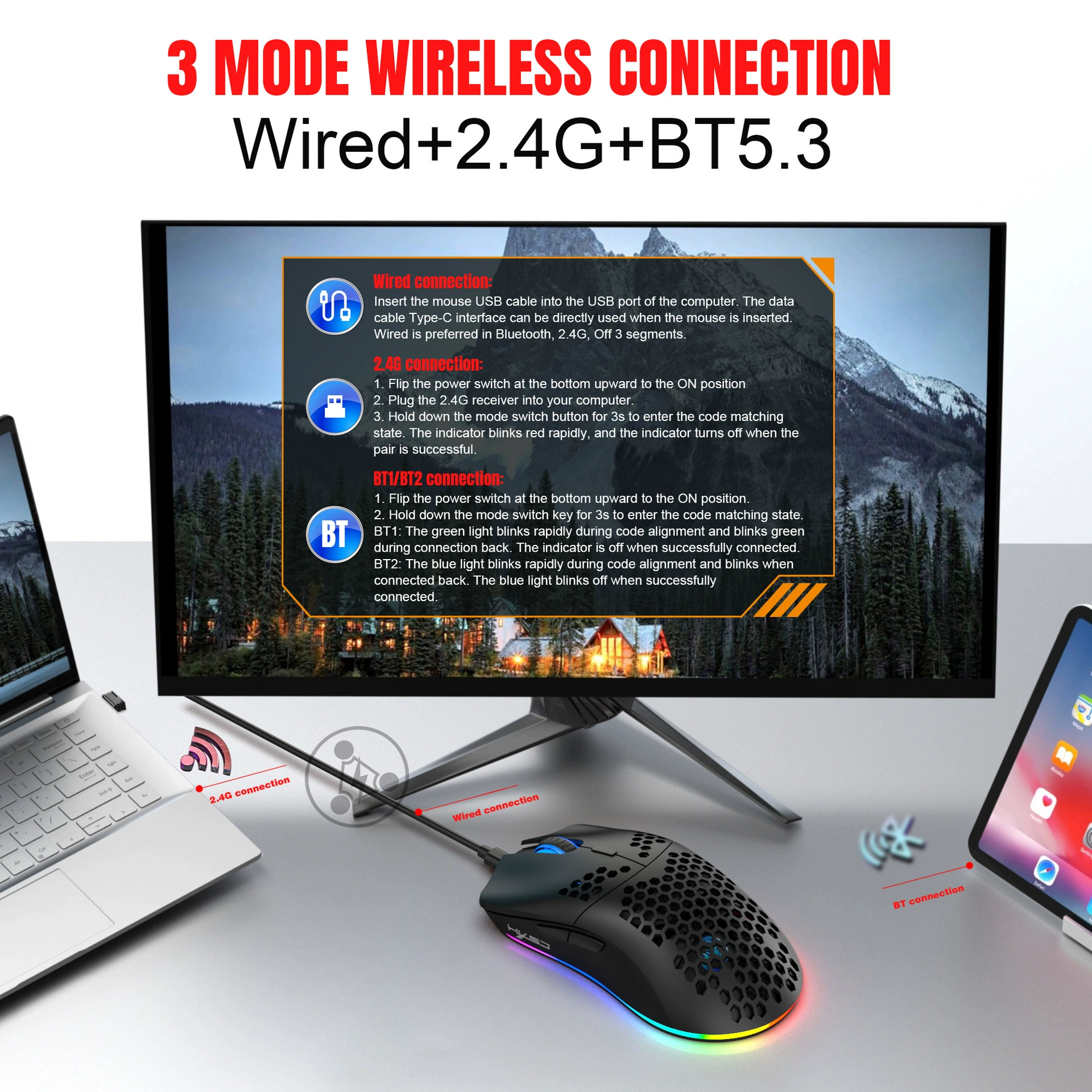 New Three Model Wireless Mouse 2.4g/Wired /BT5.3 Cave Mouse 3600DPI Staying Game Mouse Spot