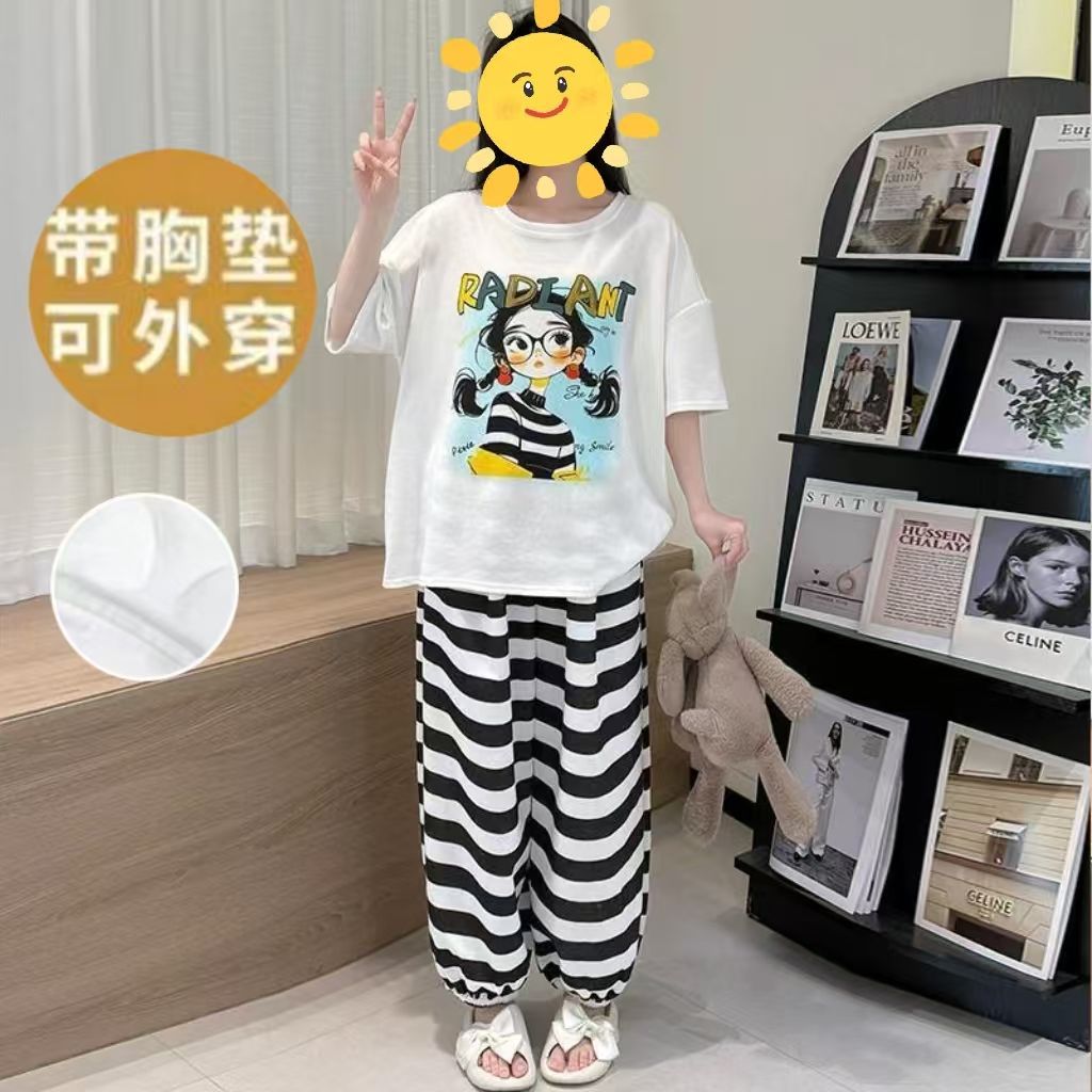 Estilo explosivo transfronterizo al por mayor pijamas con almohadillas para el pecho, pantalones de manga corta para mujer, pintura al óleo de verano, servicio a domicilio, traje de algodón de nube, uso externo