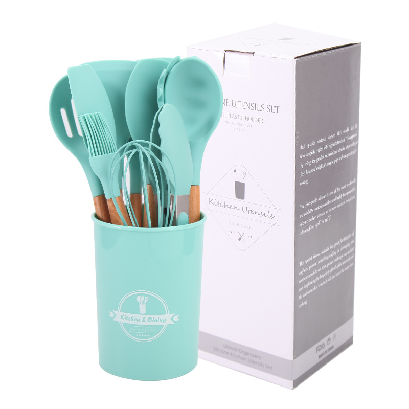 Juego de utensilios de cocina antiadherentes de doce piezas con mango de madera, juego de utensilios de cocina de silicona de 12 piezas con cubo de almacenamiento, especialmente diseñado para sartenes antiadherentes