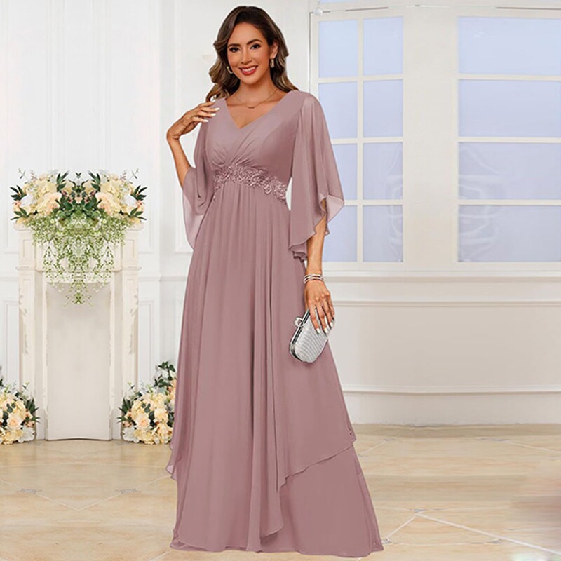 Plus-size chiffon V-neck long bridesmaid dress with elegant bell sleeves, evening gown for women, sister dress for choir performances Plus-size chiffon V-neck long bridesmaid dress with elegant bell sleeves, evening gown for women, sister dress for choir performances