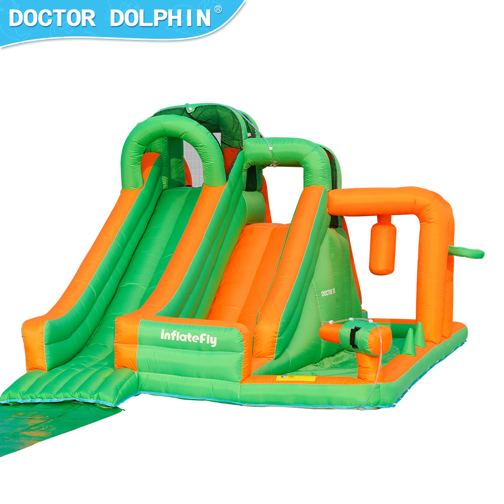 Dr. Dolphin Home Spray Doble tobogán Castillo inflable Parque de atracciones para niños Trampolín pequeño para jugar con el agua Fuerte inflable antideslizante