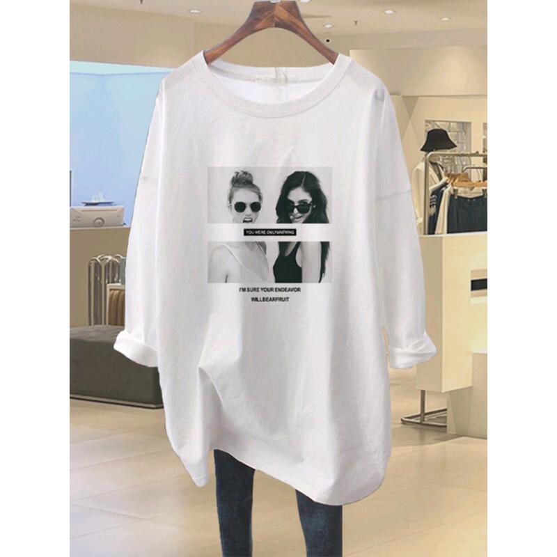 2026 New Style Pure Cotton Round Neck Long-Sleeved T-Shirt for Women, Mid-Length, Loose, Casual, Large Size, White Top, Spring, Autumn and Winter 2026 New Style Pure Cotton Round Neck Long-Sleeved T-Shirt for Women, Mid-Length, Loose, Casual, Large Size, White Top, Spring, Autumn and Winter