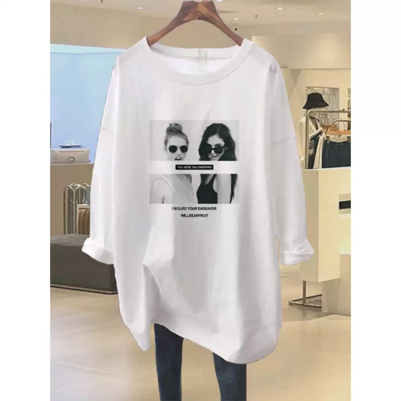 เสื้อยืดแขนยาว คอกลม ผ้าฝ้ายแท้ แบบใหม่ ปี 2026 สำหรับผู้หญิง ความยาวระดับกลาง ทรงหลวม ใส่สบาย ไซส์ใหญ่ สีขาว เหมาะสำหรับฤดูใบไม้ผลิ ฤดูใบไม้ร่วง และฤดูหนาว