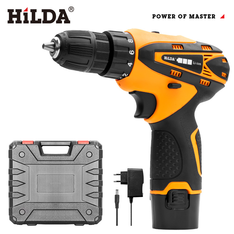 Hilda 12V destornillador inalámbrico taladro eléctrico doble velocidad batería de litio recargable luz LED 2 piezas impermeable mano Taladro