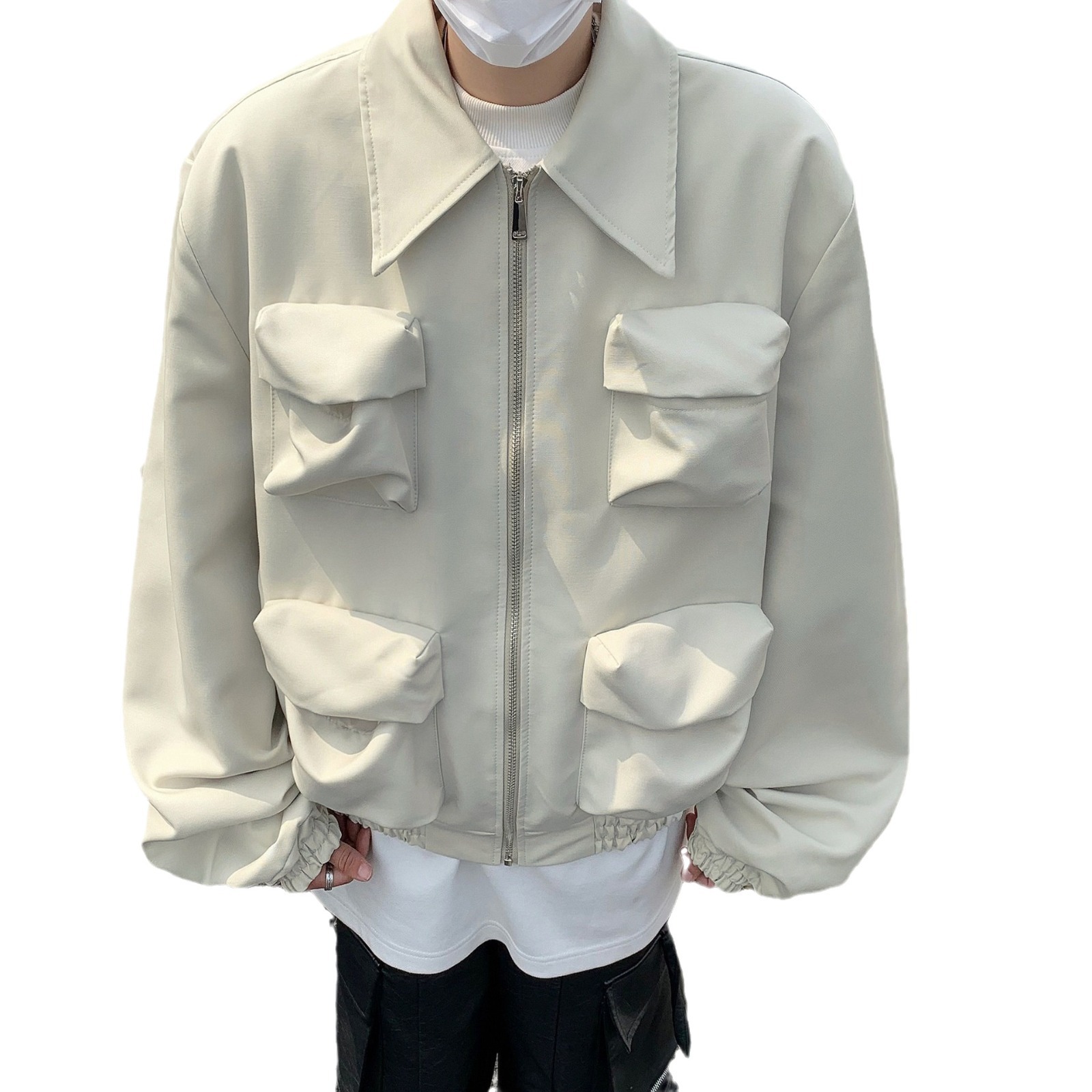 Autumn solid short shoulder pads, jacket with zipper, Korean style