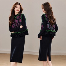 冬季新款加棉新中式圆领拼接丝绒设计款马甲气质优雅两件套裙女