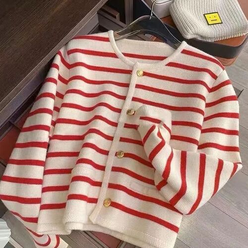 Women's Spring and Autumn Fashion Striped Knit Cardigan, French-Style New Arrival High-Quality Short-Sleeve Outerwear Top