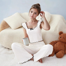 2025新款欧美睡衣套装款跨境亚马逊黑木耳边休闲家居服坑条Pajama