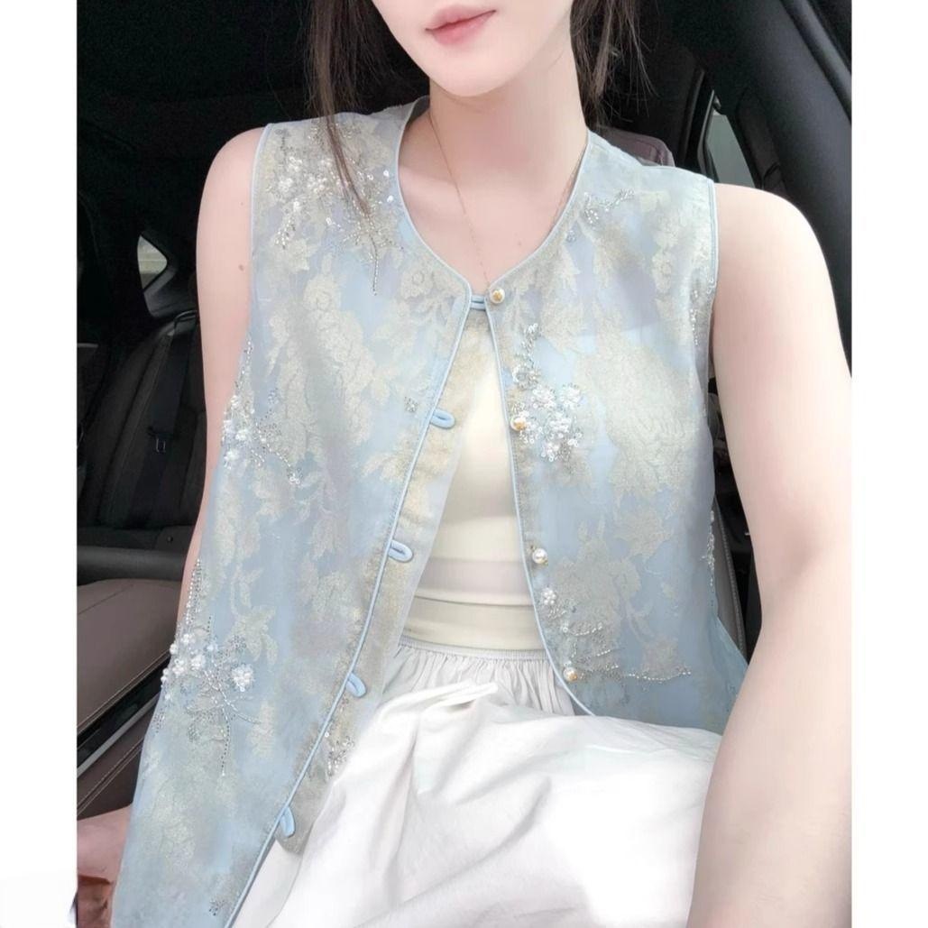2026春款手工马甲串珠亮片绣花国风重工薄款透气精致气质女装马夹