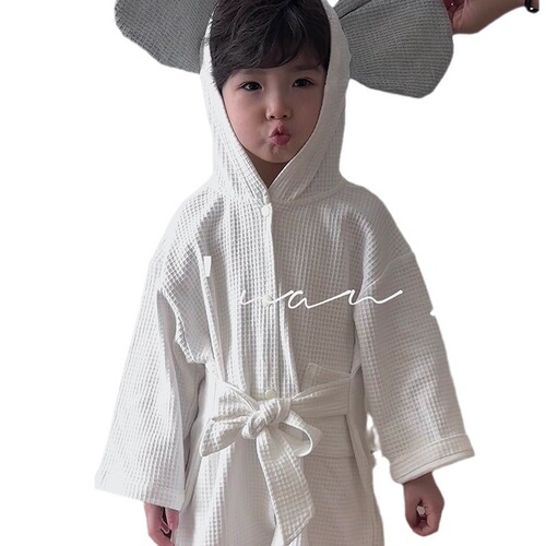 Spring 2024 New Children's Homecoming Gown Check Pattern Baby Bath Robe Cute Elephant Baby Pajamas Home Sleepwear