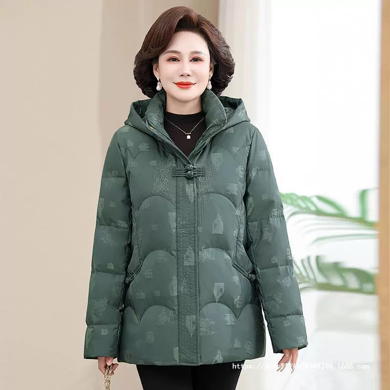 品牌中老年羽绒服女2024冬季新款中年妈妈时尚连帽保暖白鸭绒外套